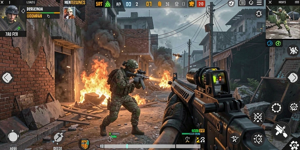 Tampilan gameplay menegangkan dalam 5RT dengan aksi tembak-menembak yang intens.