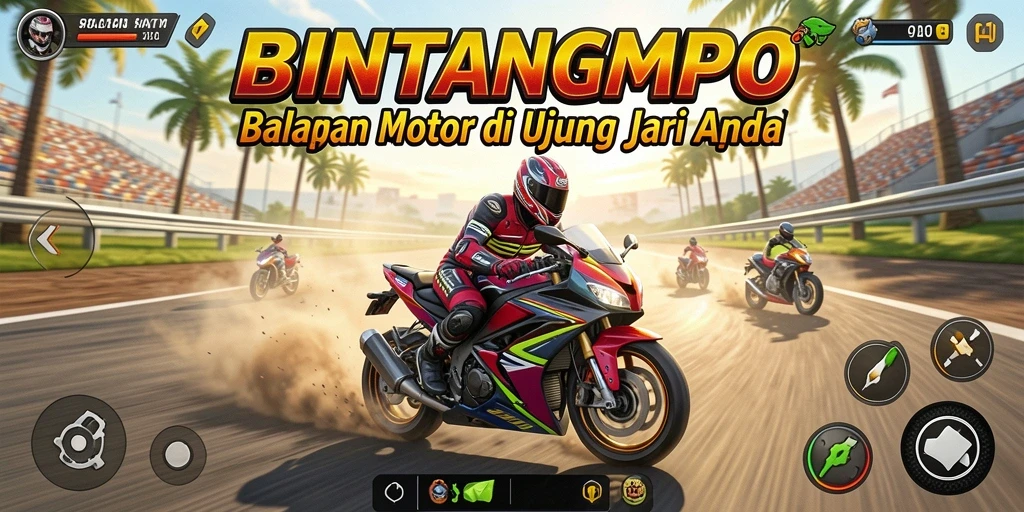 Screenshot gameplay BINTANGMPO yang menampilkan balapan motor yang mendebarkan.
