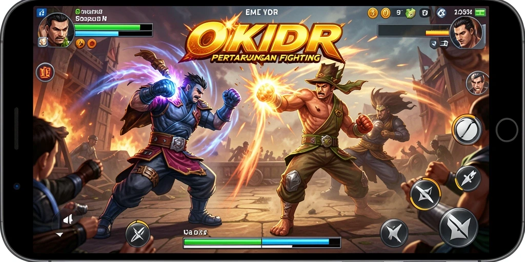 Gameplay seru OKIDR dengan karakter yang beraksi dalam pertarungan Fighting.