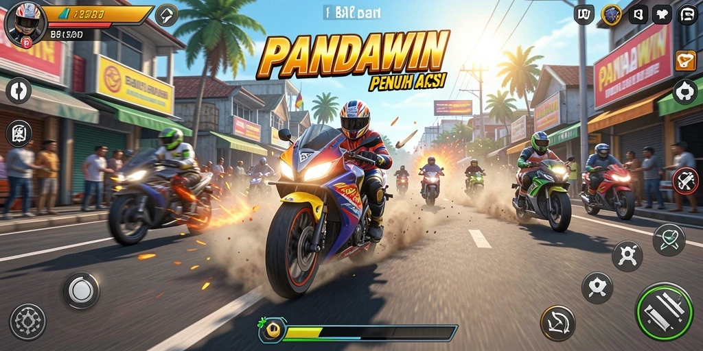 Screenshot gameplay PANDAWIN menampilkan aksi balapan motor yang mendebarkan.