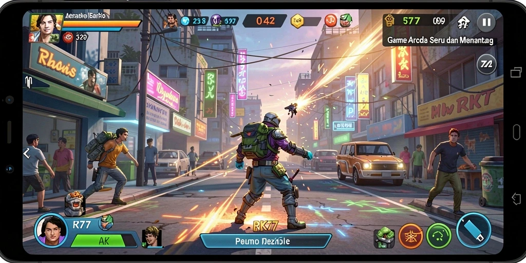 Tampilan gameplay RK77 dengan grafik penuh warna dan efek yang menakjubkan.