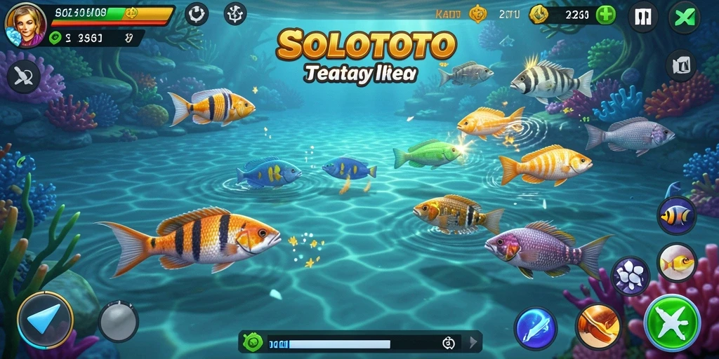 Tampilan utama gameplay SOLOTOTO dengan ikan yang sedang ditangkap.