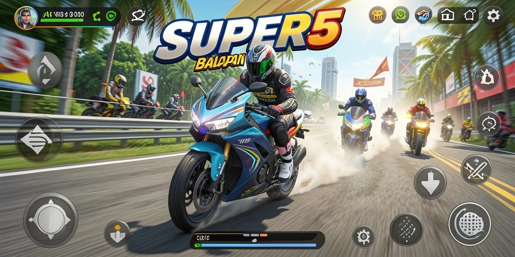 Screenshot SUPER5 menampilkan aksi balapan motor yang mendebarkan.